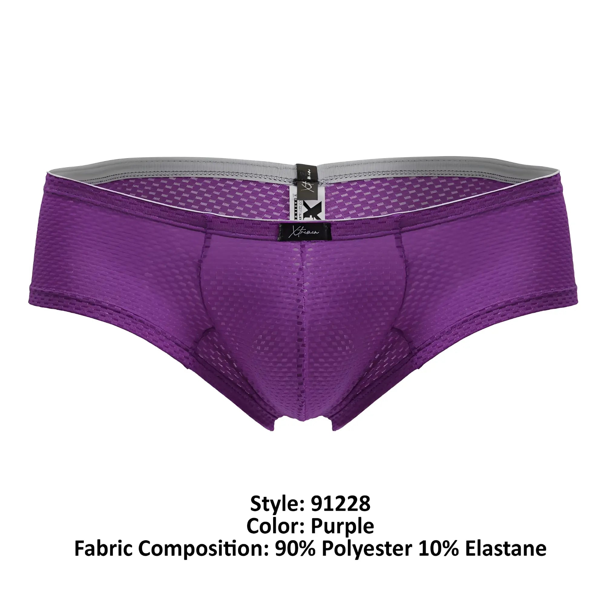 Purple xtremen 91228 microfiber trunks with mesh briefs gray waistband and black brand tag front view