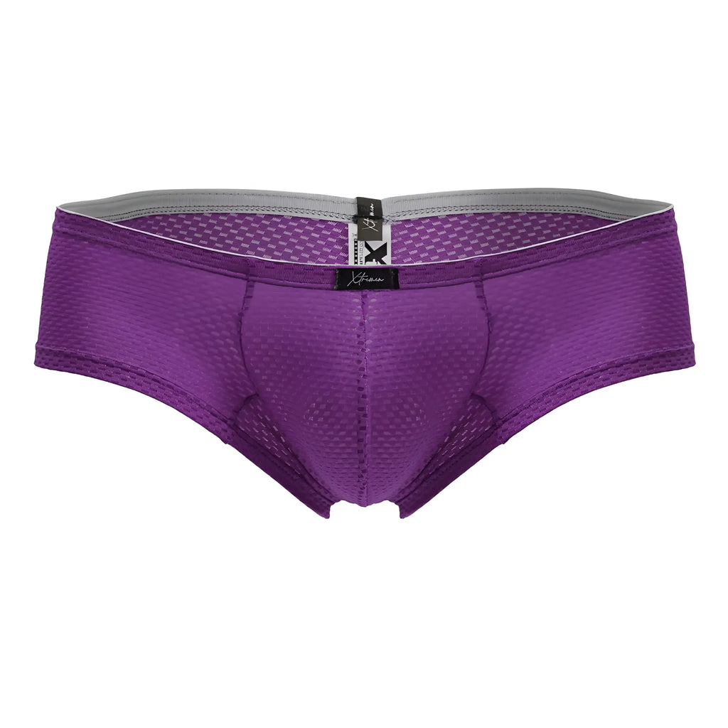 Purple xtremen 91228 microfiber trunks with gray waistband and black brand tag in purple mesh briefs design