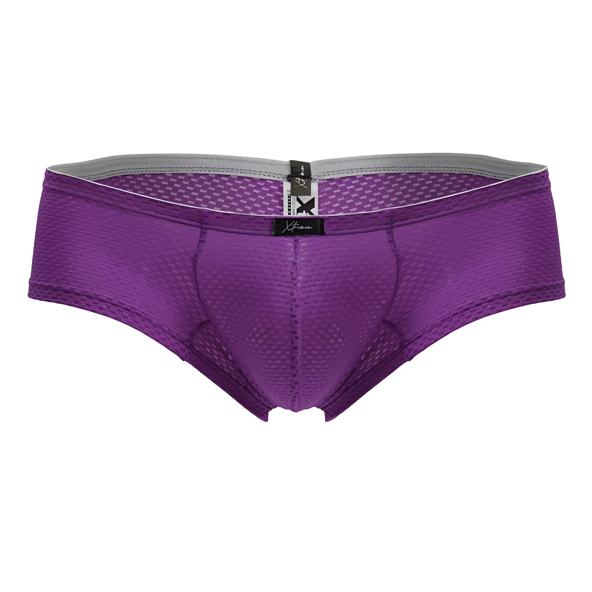 Purple xtremen 91228 microfiber trunks with gray waistband and black brand tag in purple mesh briefs design