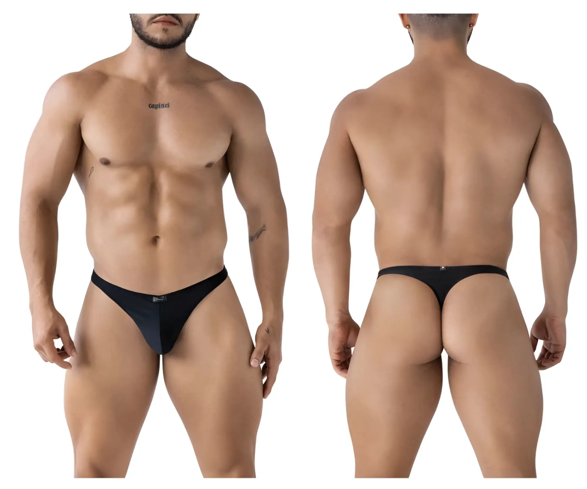 Black men’s thong Xtremen 91232 in black microfiber with sleek minimalist design and small brand logo on waistband