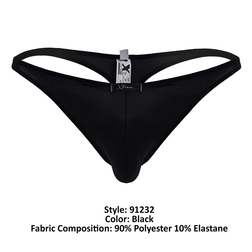 Black xtremen 91232 microfiber thong showing back side with smooth form fitting design made of 90 polyester 10 elastane