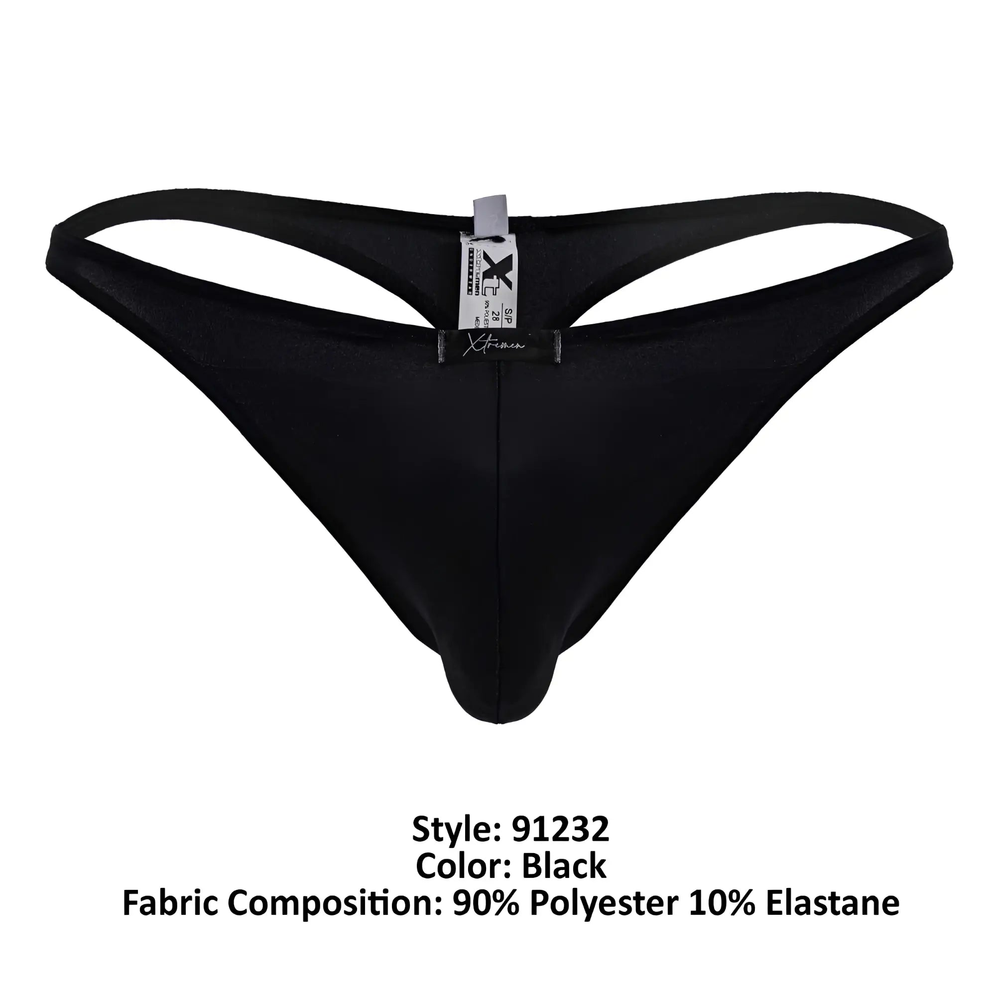 Black xtremen 91232 microfiber thong showing back side with smooth form fitting design made of 90 polyester 10 elastane