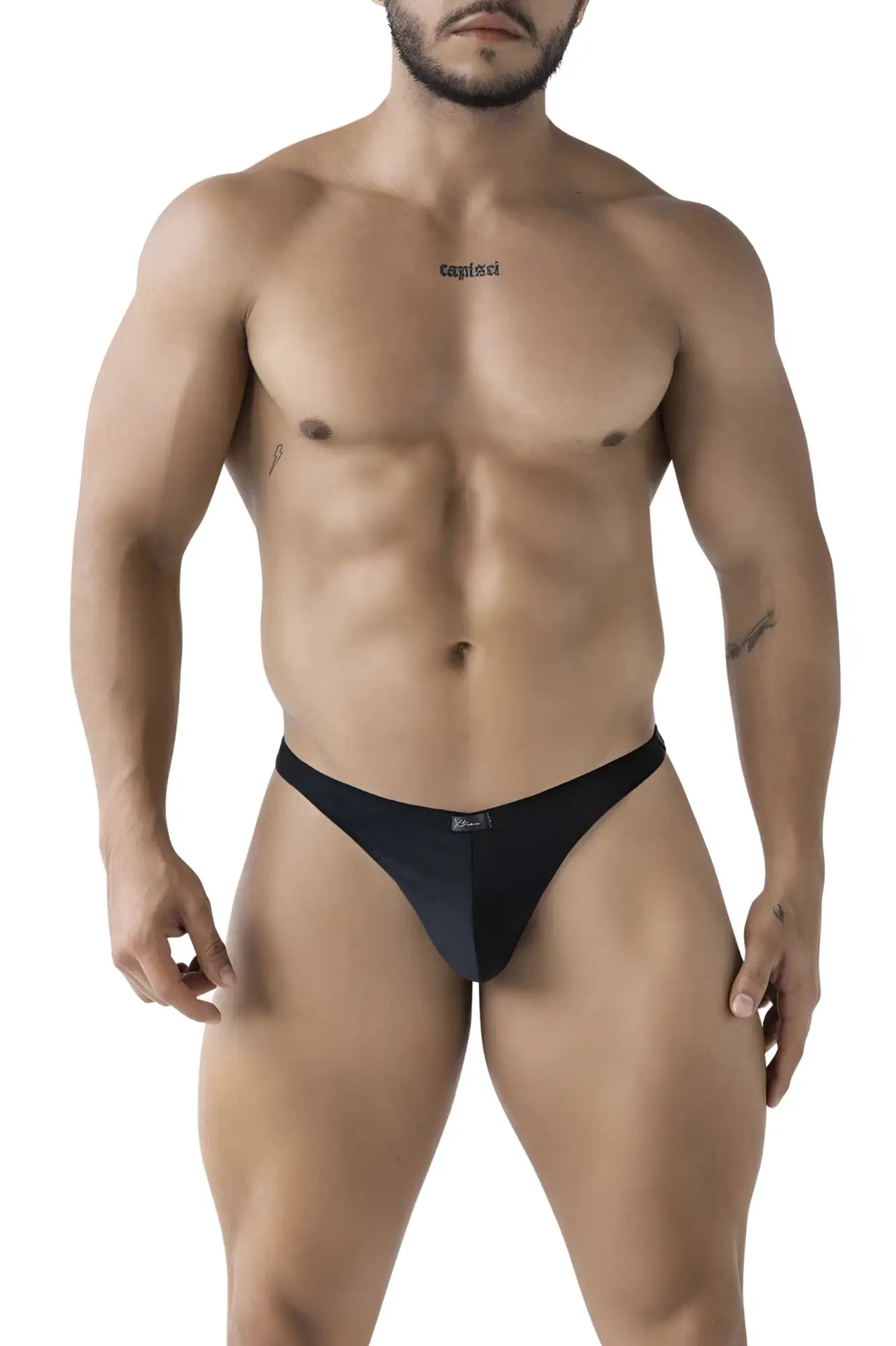 Black xtremen 91232 microfiber men’s thong with sleek form-fitting design and subtle brand logo at center front