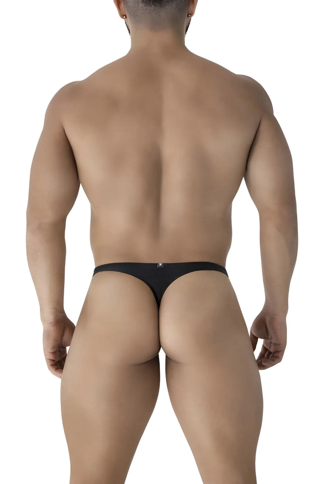 Back side of black xtremen 91232 microfiber thong with small logo on the backband