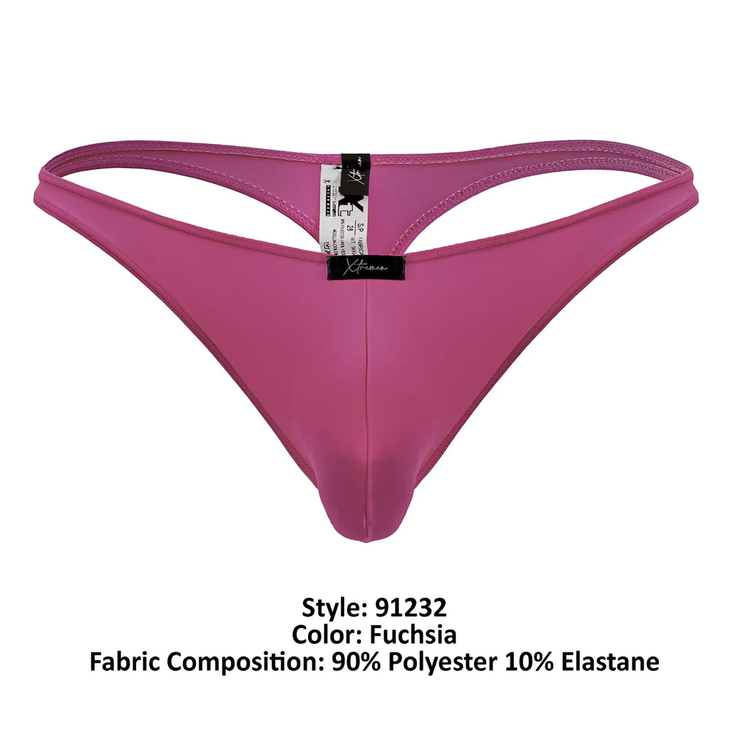 Fuchsia Xtremen 91232 microfiber thong made of 90% polyester 10% elastane with black brand tag shown from the front