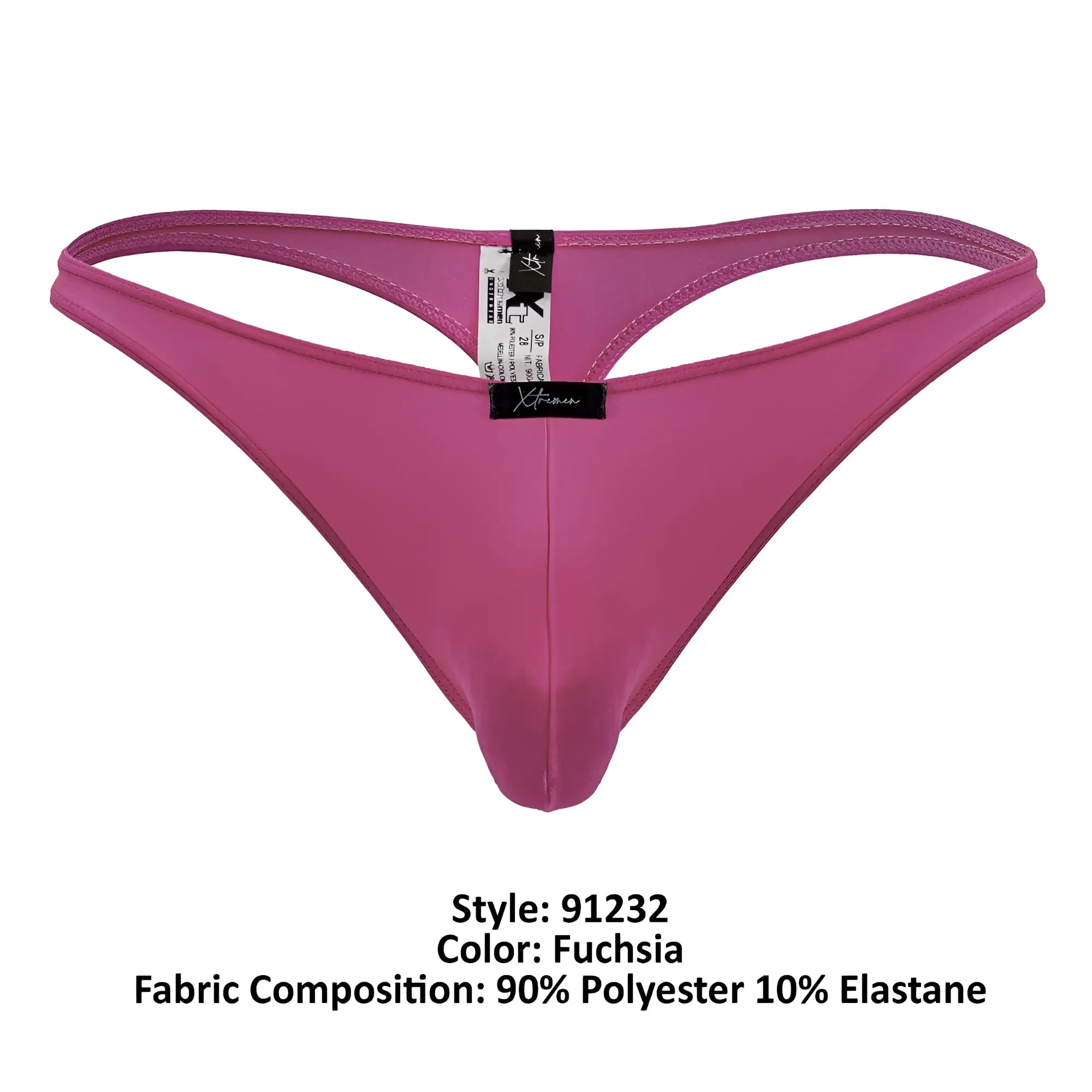 Fuchsia Xtremen 91232 microfiber thong made of 90% polyester 10% elastane with black brand tag shown from the front