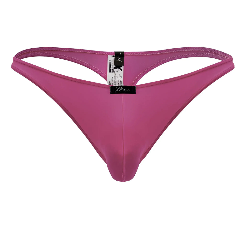 A sleek vibrant pink Xtremen 91232 microfiber thong with smooth fabric minimalist design and small black brand tag at back