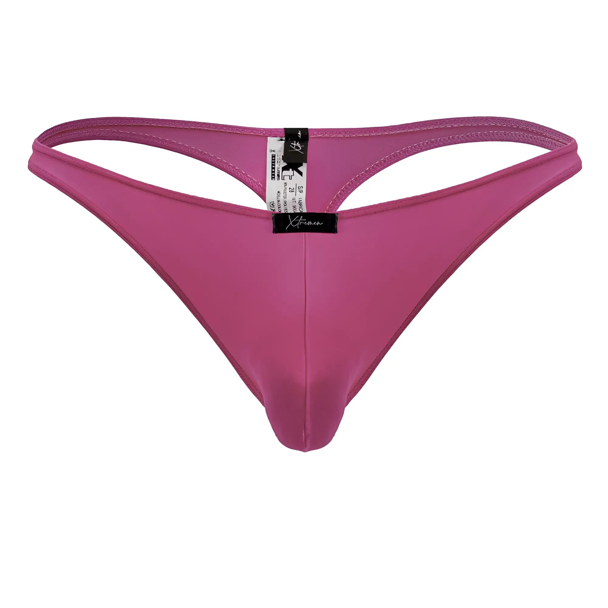 A sleek vibrant pink Xtremen 91232 microfiber thong with smooth fabric minimalist design and small black brand tag at back