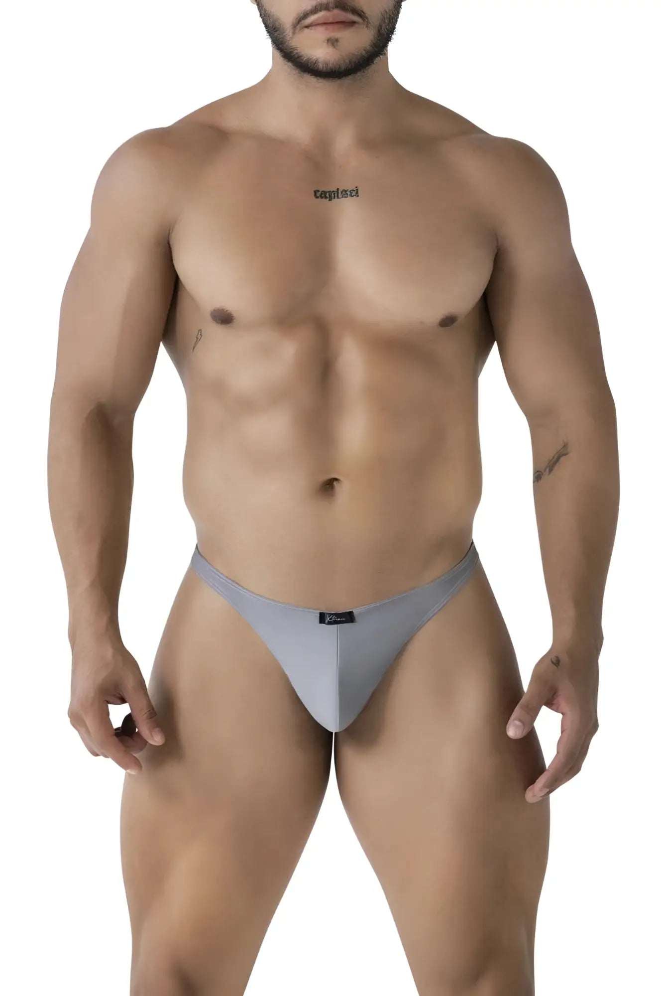 Gray Xtremen 91232 microfiber thong made of stretchy fabric with seamless design and black logo on waistband