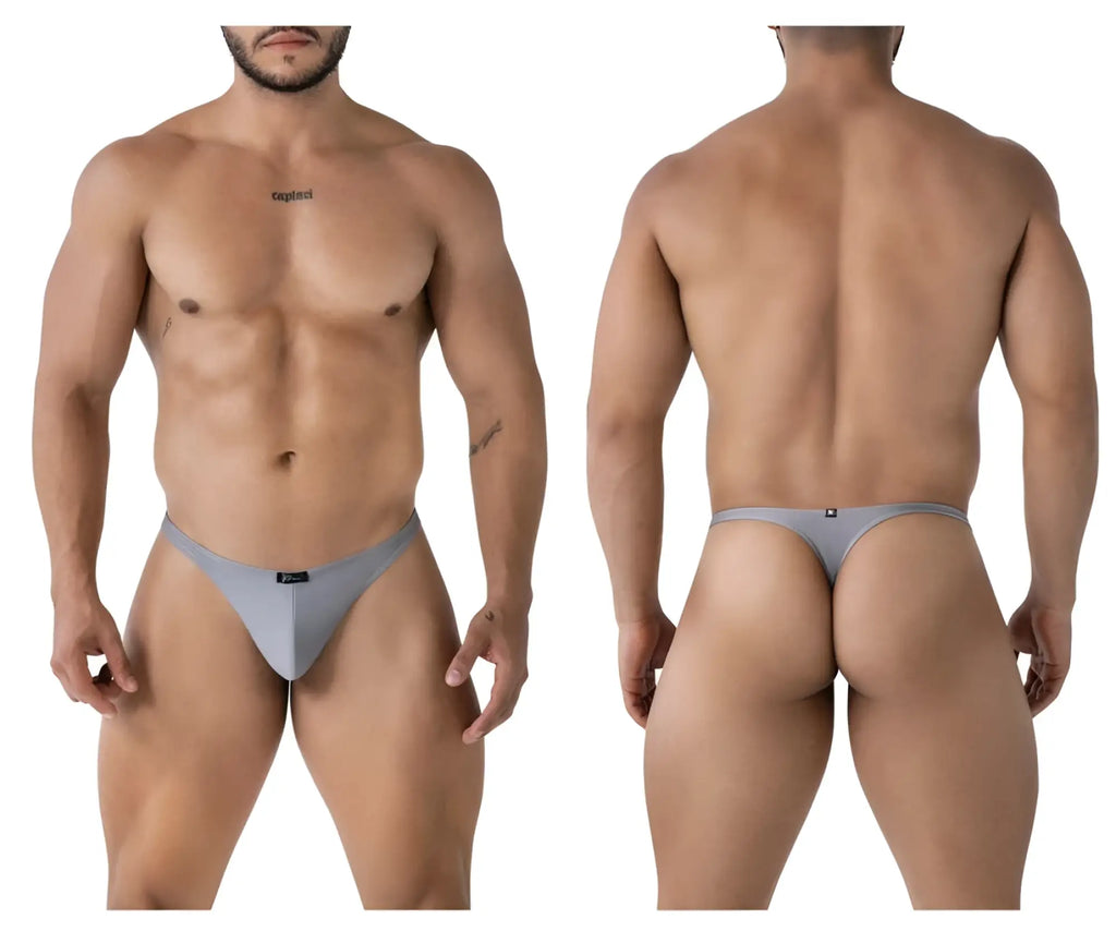 Gray xtremen 91232 microfiber thong with a gray form-fitting design and small black logos on front and back