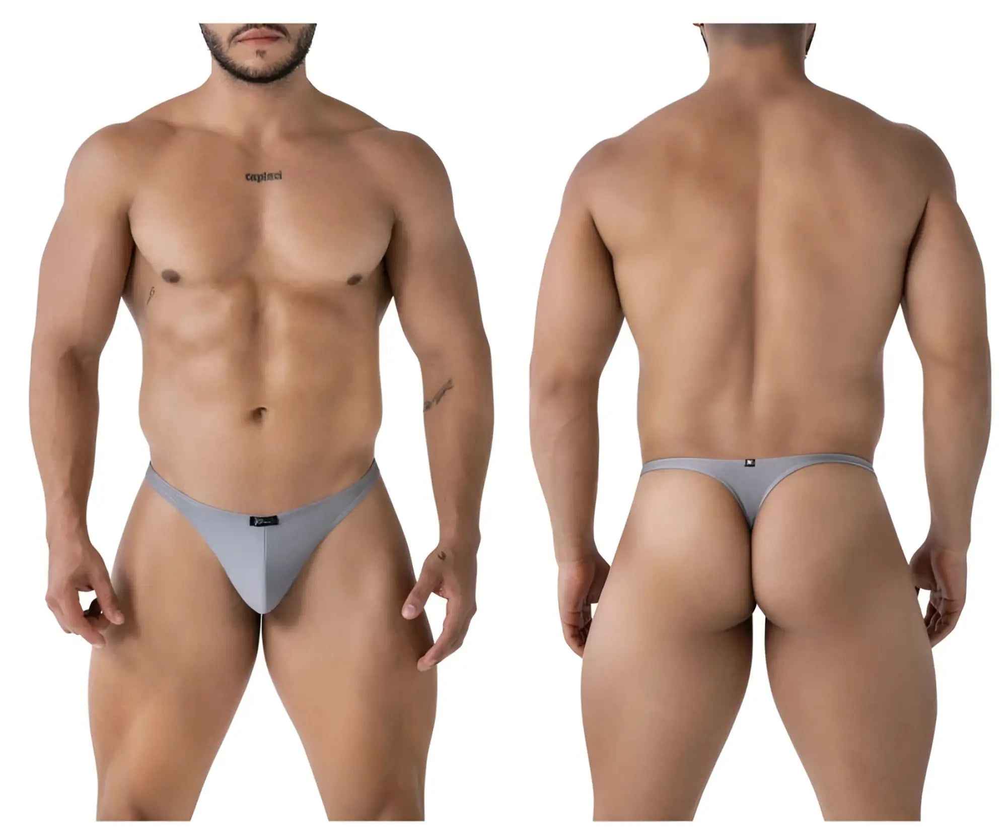 Gray xtremen 91232 microfiber thong with a gray form-fitting design and small black logos on front and back