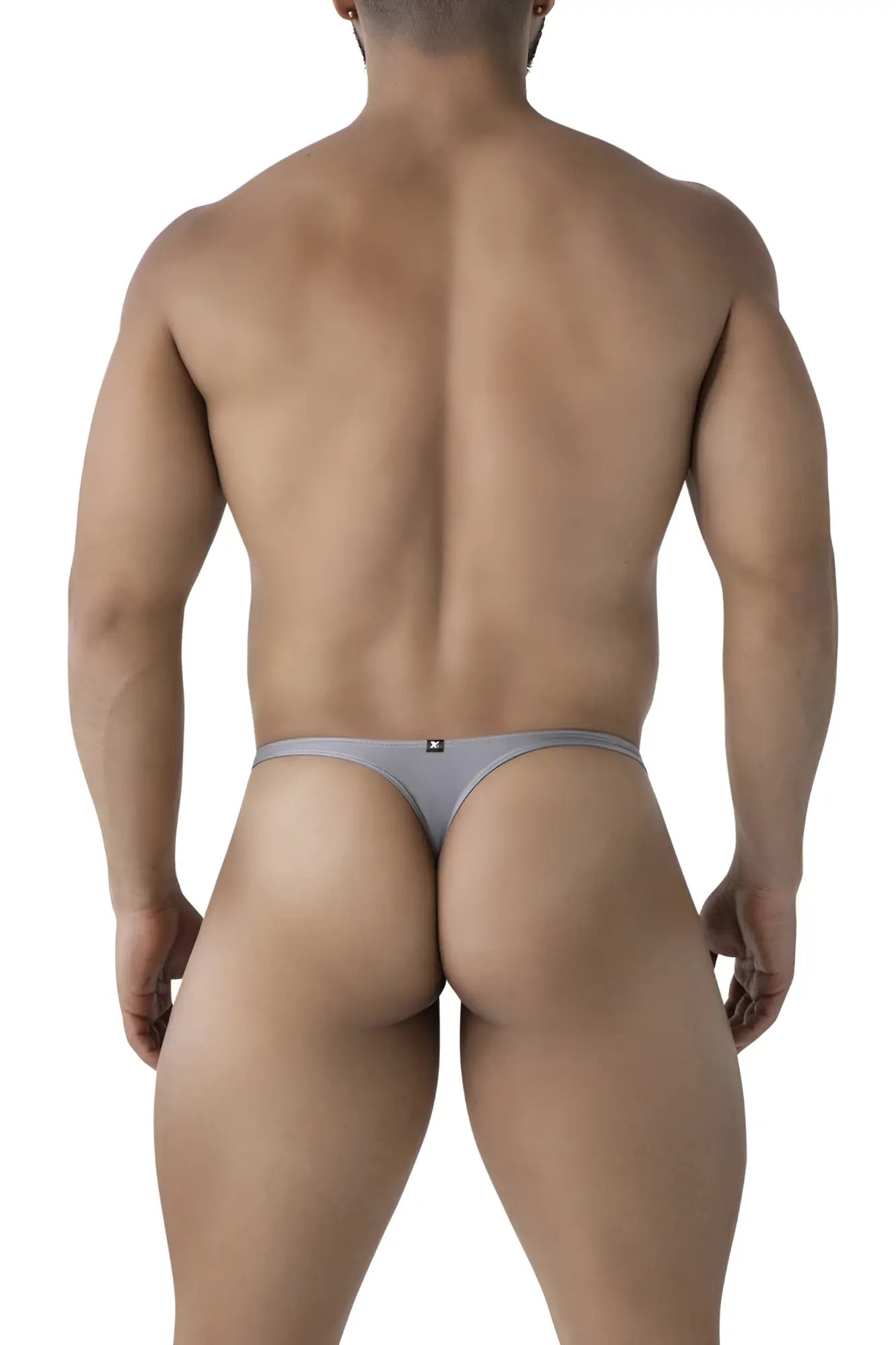 Backside view of xtremen 91232 microfiber gray thong with form fitting design and subtle logo on the backband