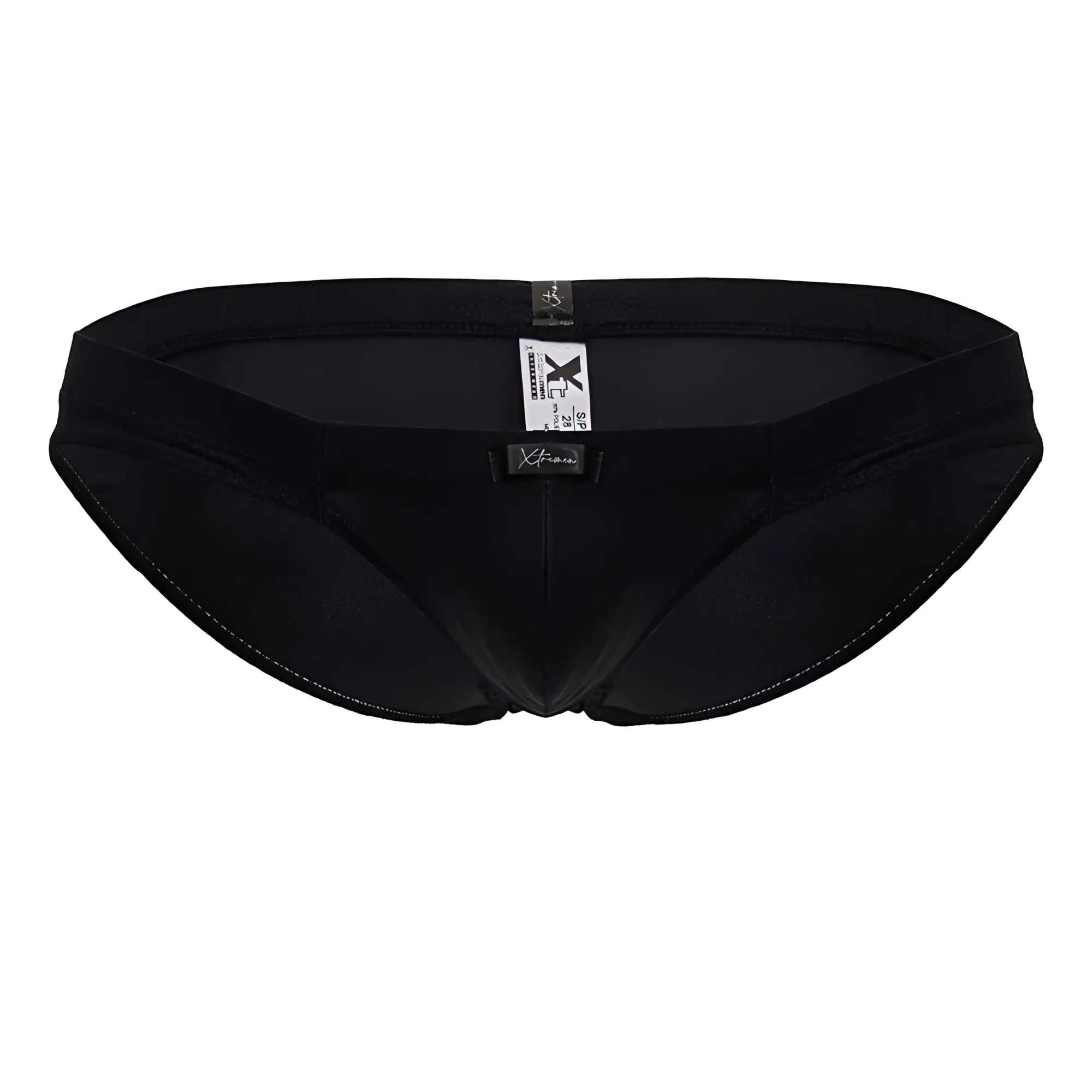 Black xtrmn microfiber briefs with smooth form-fitting design and subtle stitching details in color black