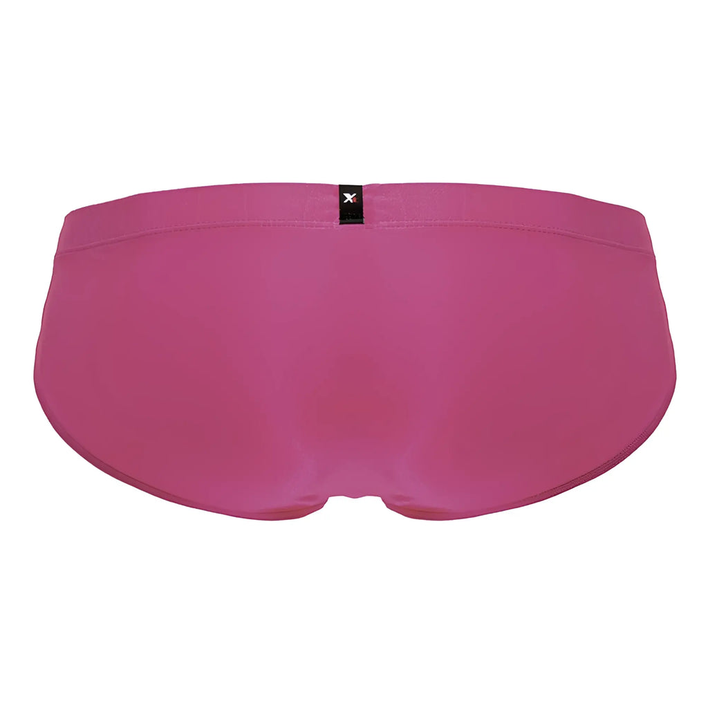 A vibrant fuchsia xtremen 91233 microfiber men’s brief with smooth stretchy fabric and black brand tag at the waistband