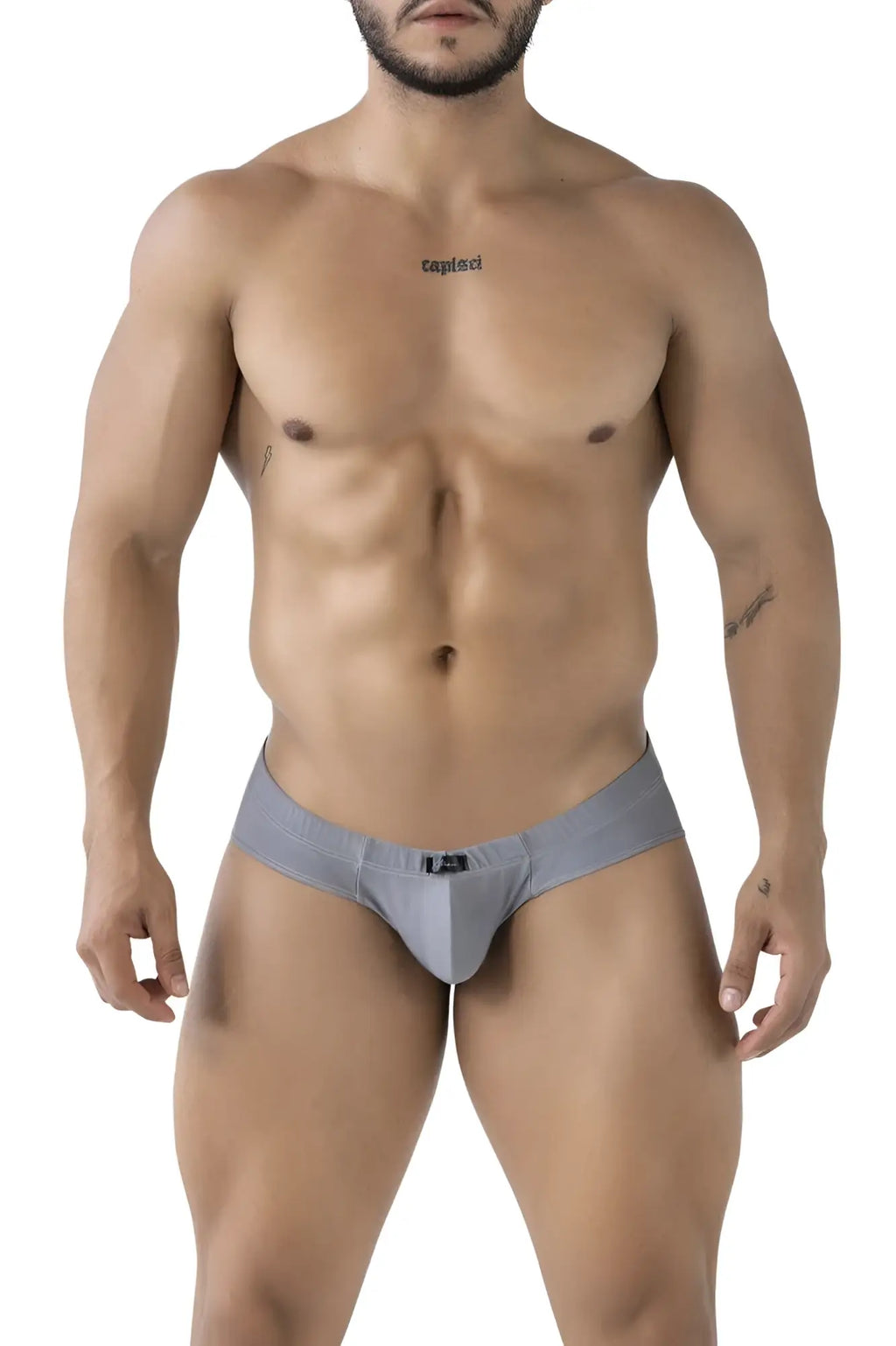 Gray xtremen 91233 microfiber briefs for men with a subtle logo on the waistband front view