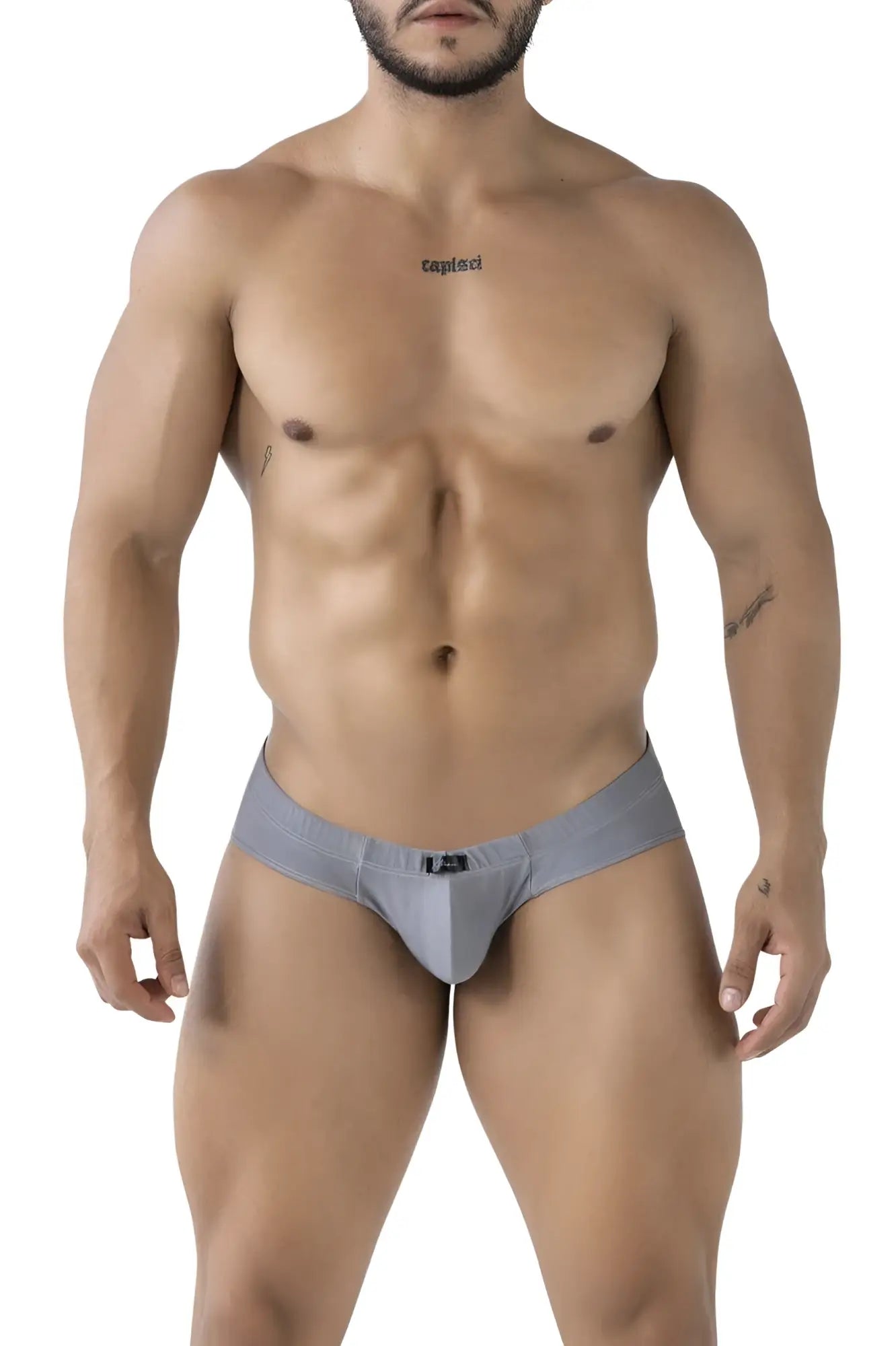 Gray xtremen 91233 microfiber briefs for men with a subtle logo on the waistband front view