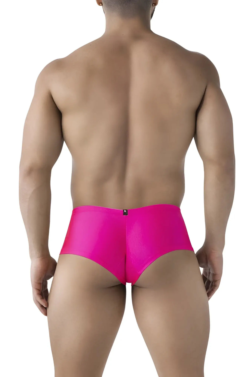 Bright pink shiny satin microfiber trunks with small black logo on back waistband in xtremen 91234 microfibers
