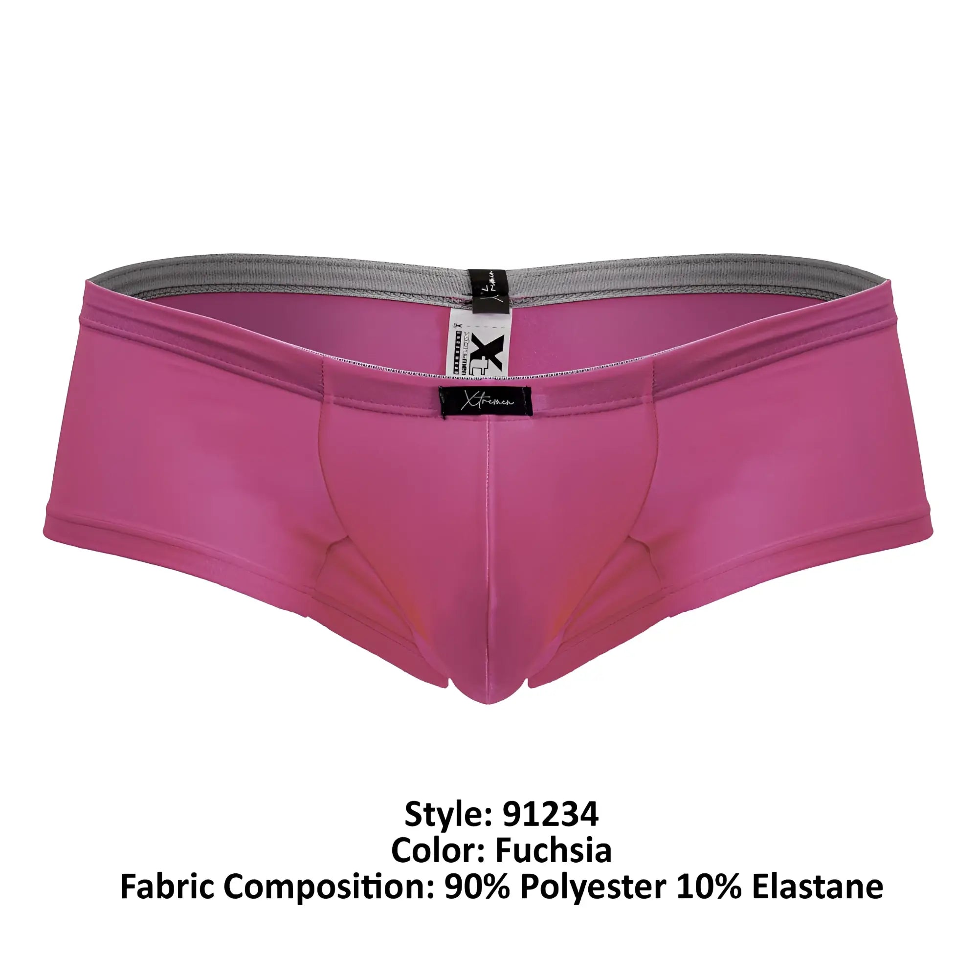 Fuchsia Xtremen 91234 microfiber men’s briefs with gray elastic waistband and black brand tags front view