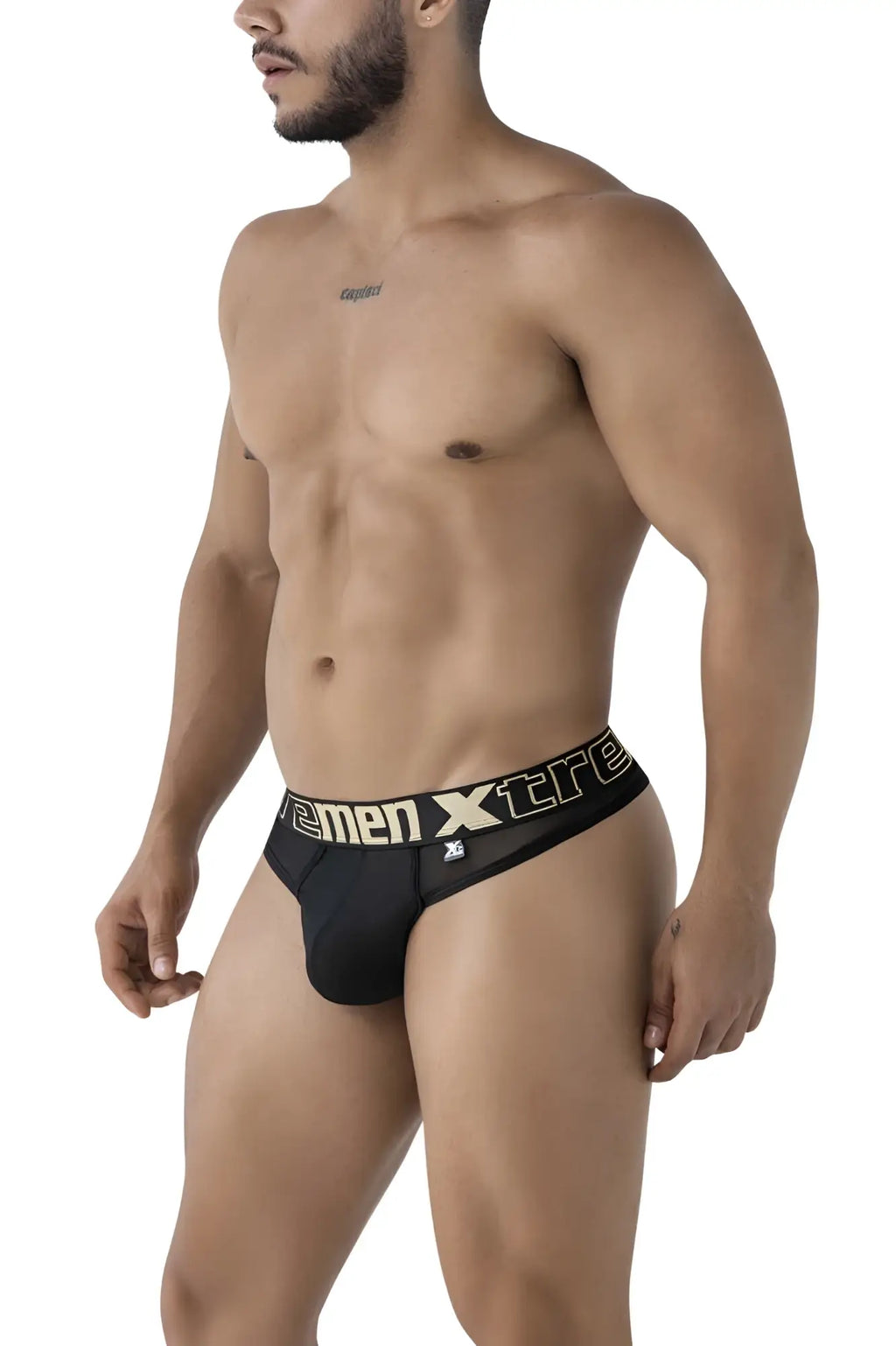 Black xtremen 91235 microfiber thongs with bold white and gold xtreme logo on waistband for men