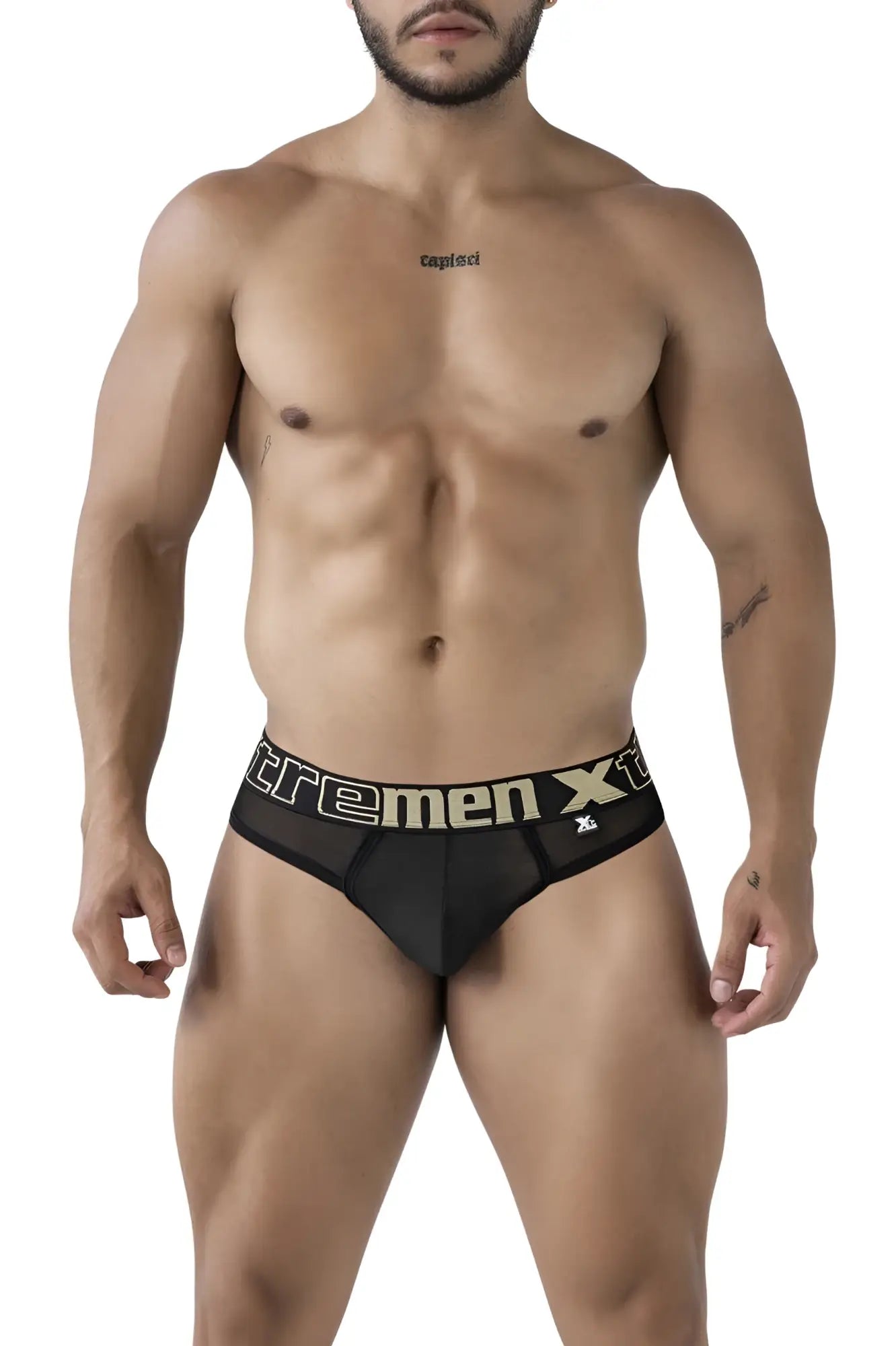 Black xtremen 91235 microfiber thongs with gold and white xtremen xt logo band