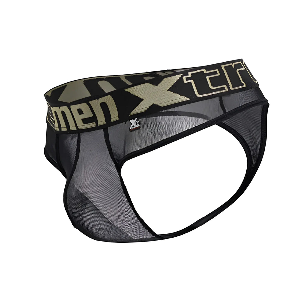 Black mesh men’s briefs with camouflage waistband and gold xtreme branding made of microfiber by Xtremen