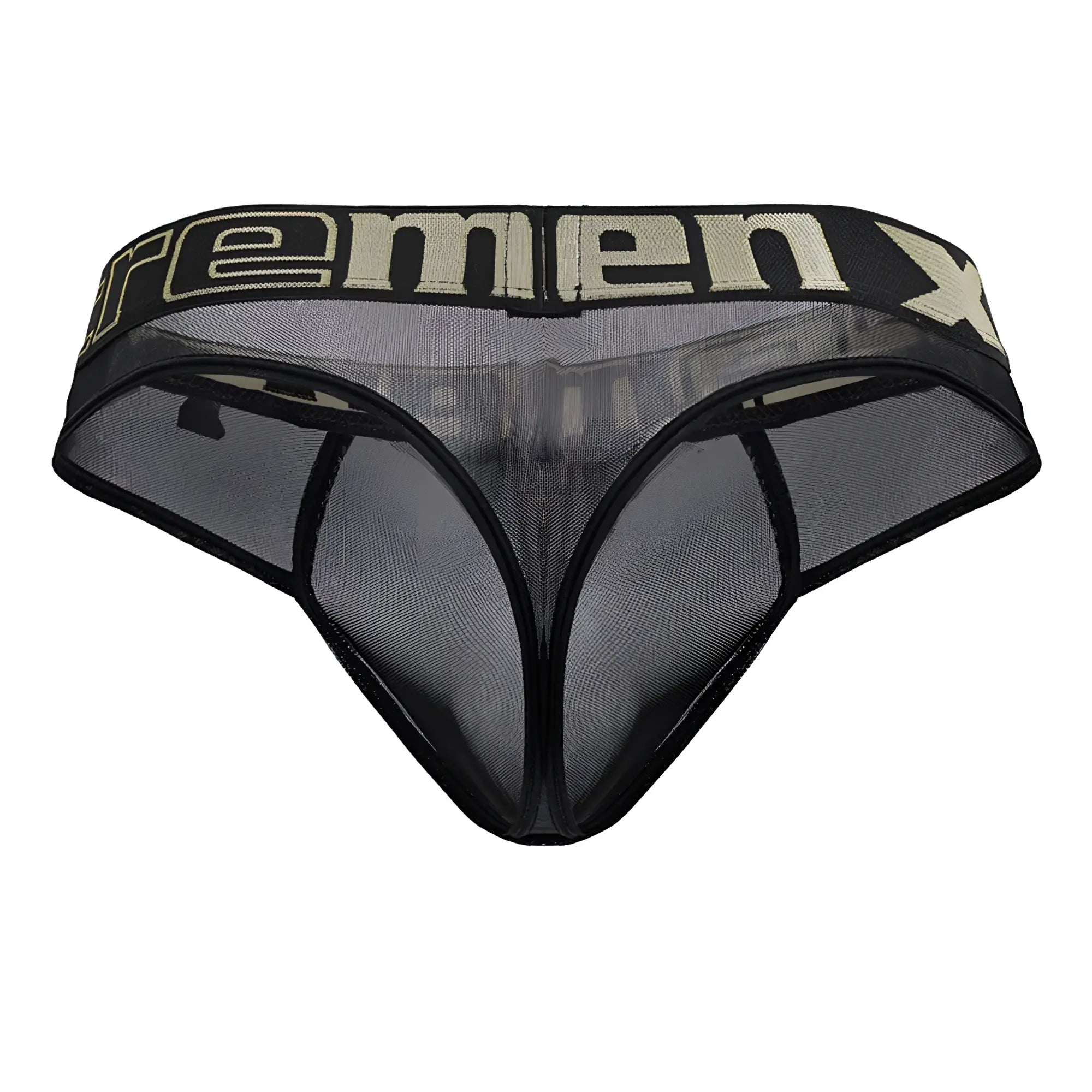 Black xtremen 91235 microfiber men’s thong underwear with mesh fabric and beige remenx logo waistband