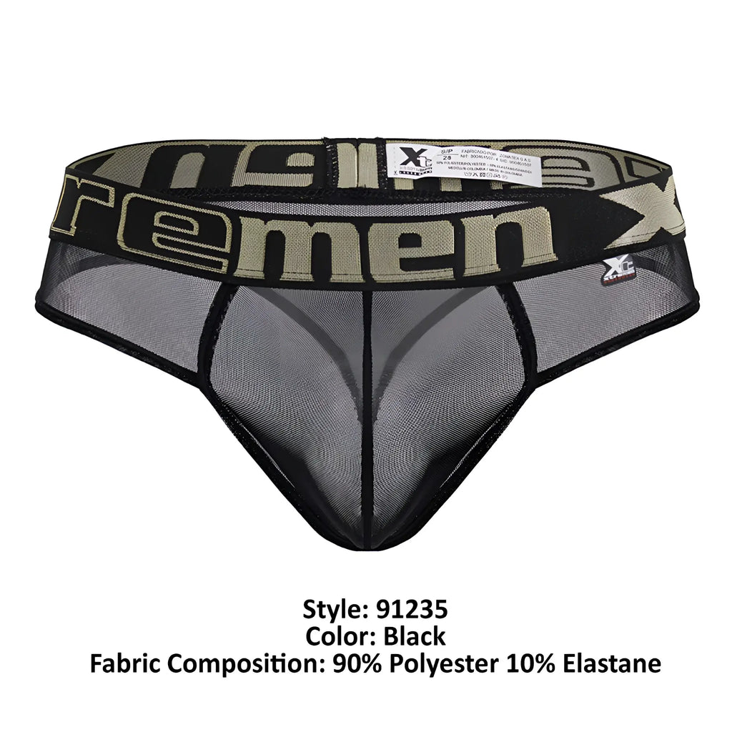 Black xtremen 91235 microfiber thong underwear featuring black mesh and olive green xtreme logo band