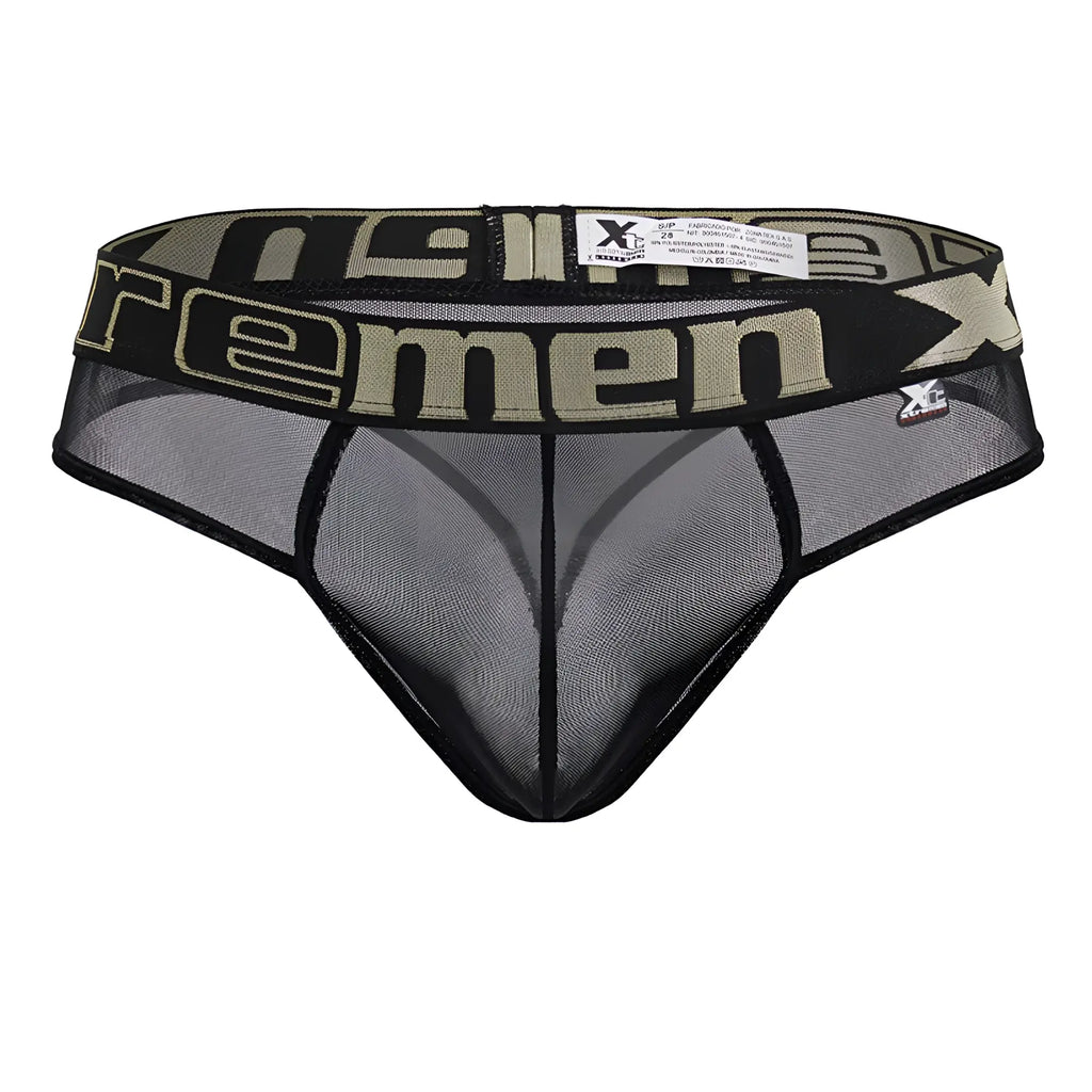 Black xtremen 91235 microfiber thong with olive green xreme mesh wide waistband and adjustable elastic band