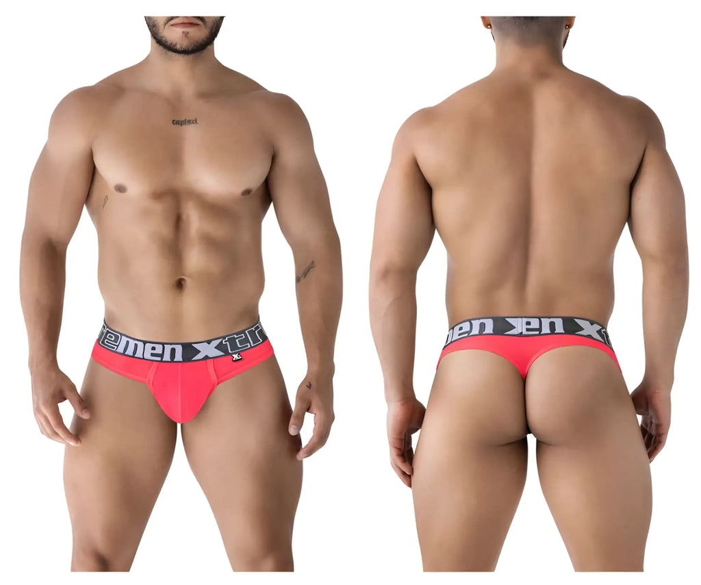 Bright pink xtremen 91235 microfiber men’s briefs with a black elastic waistband featuring the logo in white