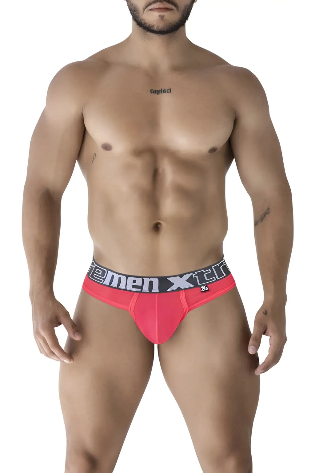 Bright pink xtremen 91235 microfiber men’s briefs with black and white branded xtreme waistband