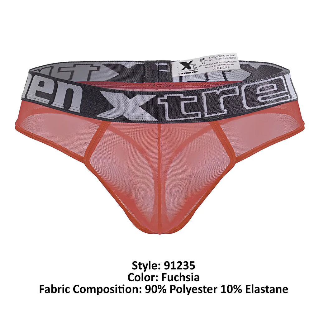 Fuchsia microfiber mesh thong with a black and gray elastic waistband featuring the xtreme logo