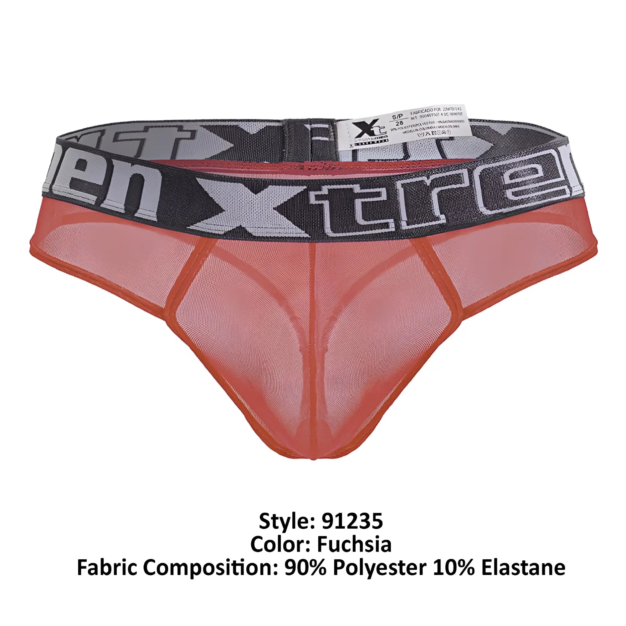 Fuchsia microfiber mesh thong with a black and gray elastic waistband featuring the xtreme logo