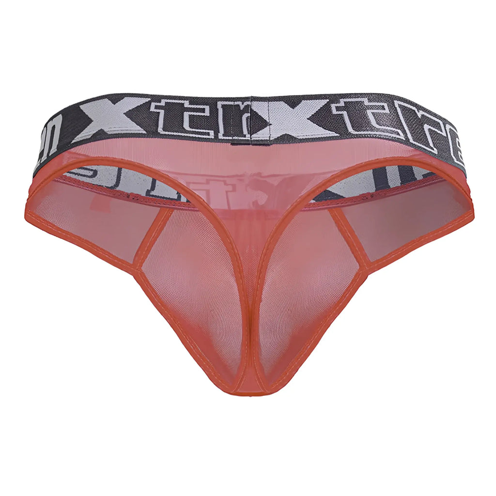 Orange xtremen 91235 microfiber thong with mesh fabric and black gray elastic waistband featuring xtreme logo