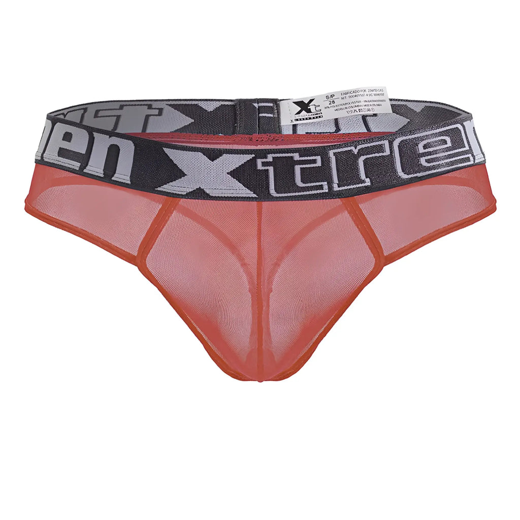 Orange mesh thong with gray and black elastic xtreme logo waistband microfiber in fuchsia color