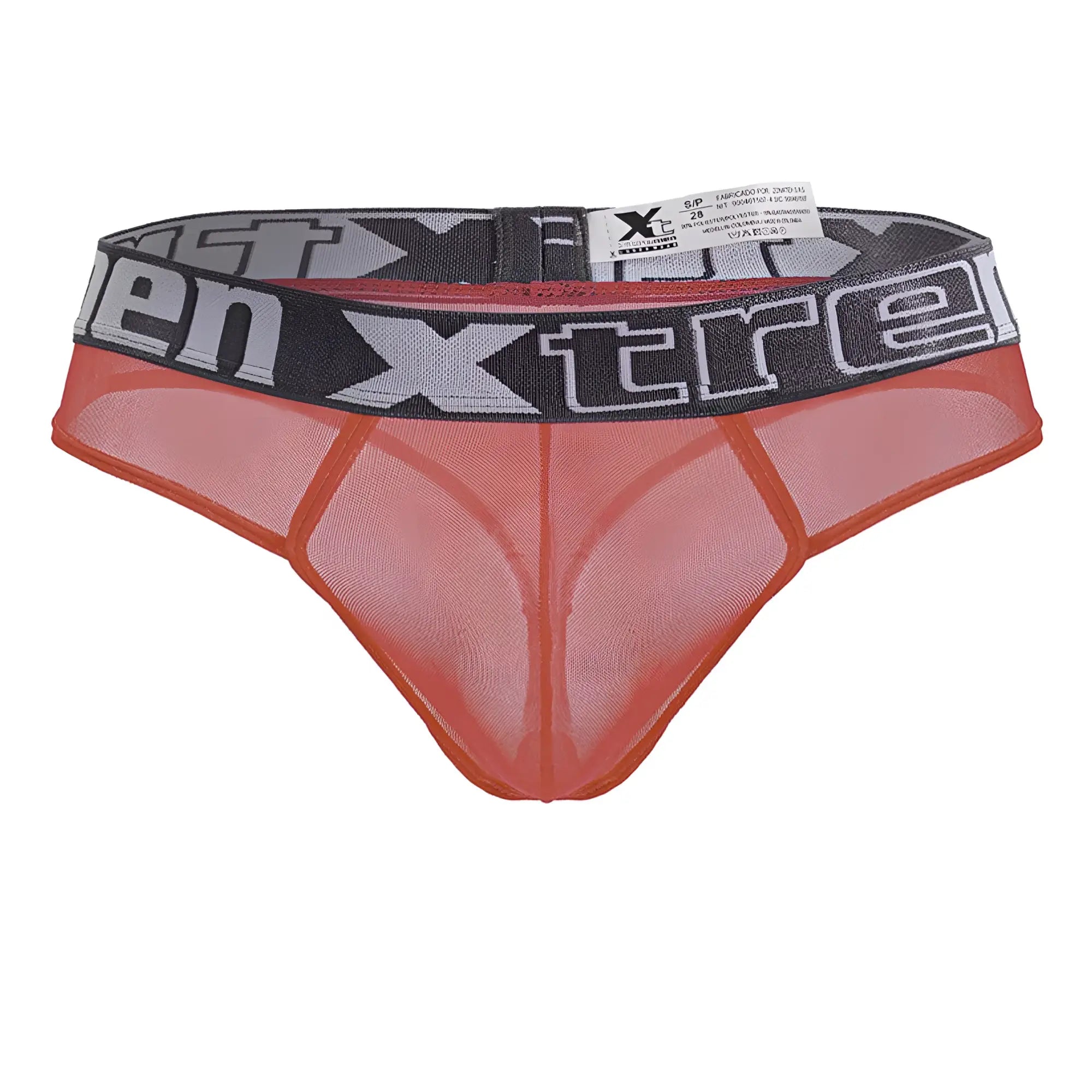 Orange mesh thong with gray and black elastic xtreme logo waistband microfiber in fuchsia color