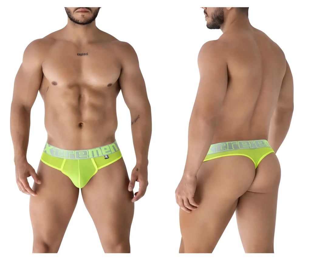 Bright neon green xtremen 91235 microfiber men’s briefs with light gray elastic waistband featuring xtrememen logo