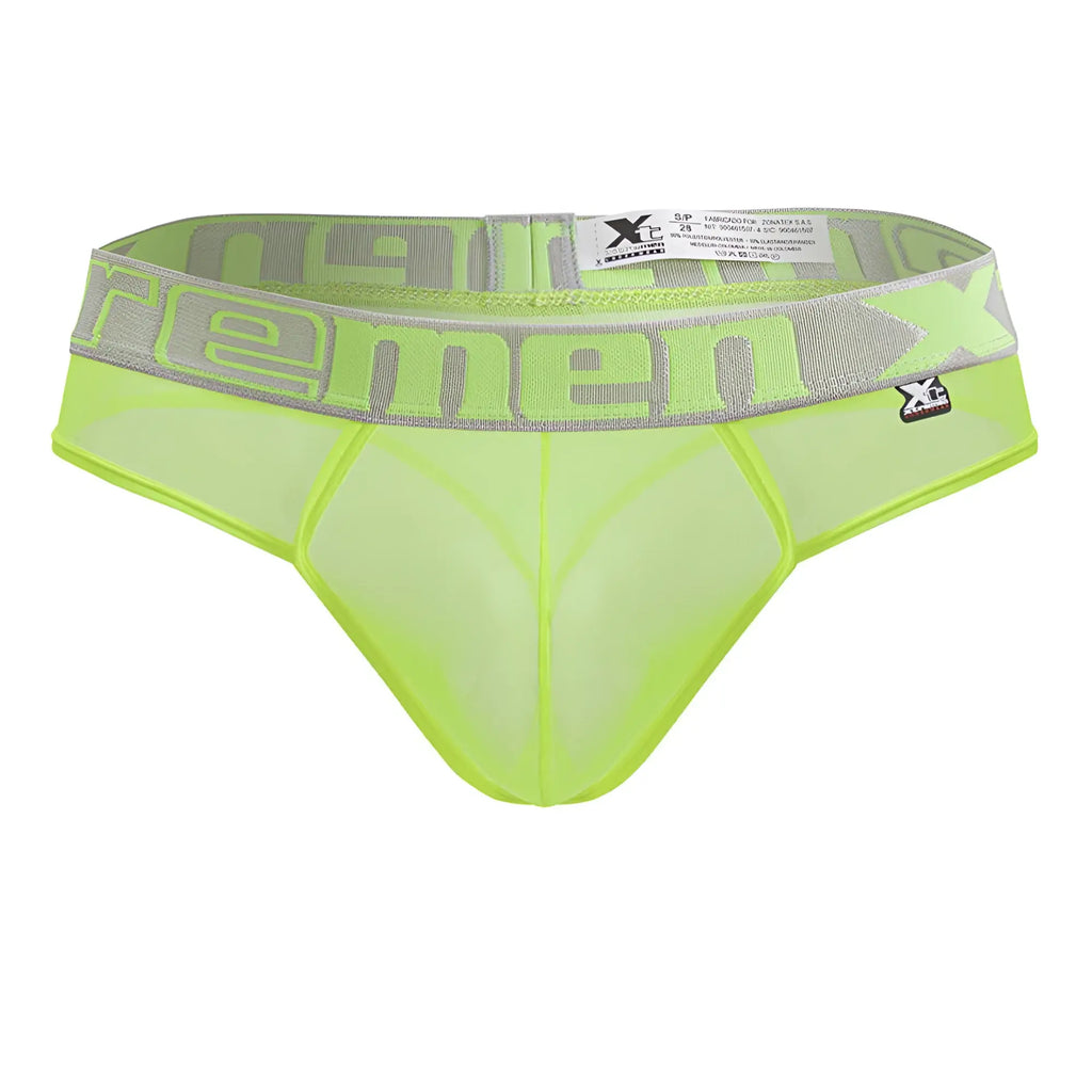 Bright neon green xtremen 91235 microfiber mesh briefs with gray elastic waistband featuring xc logo and brand name