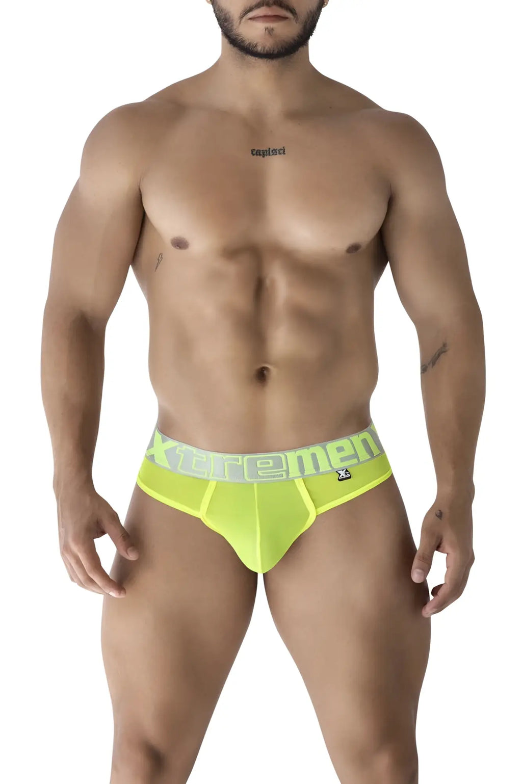 Bright neon yellow xtremen 91235 microfiber men’s briefs with matching elastic waistband and gray logo lettering