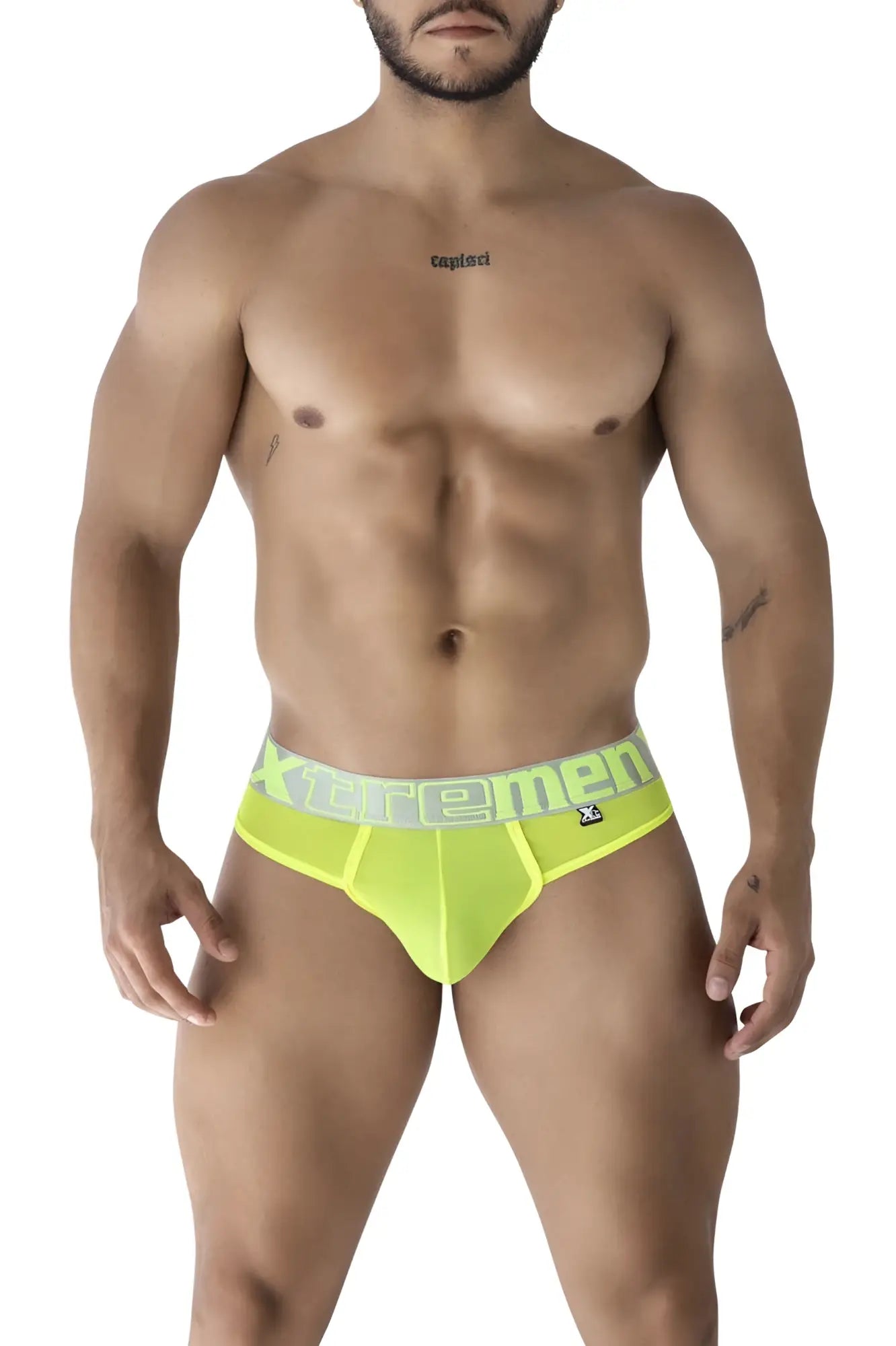 Bright neon yellow xtremen 91235 microfiber men’s briefs with matching elastic waistband and gray logo lettering