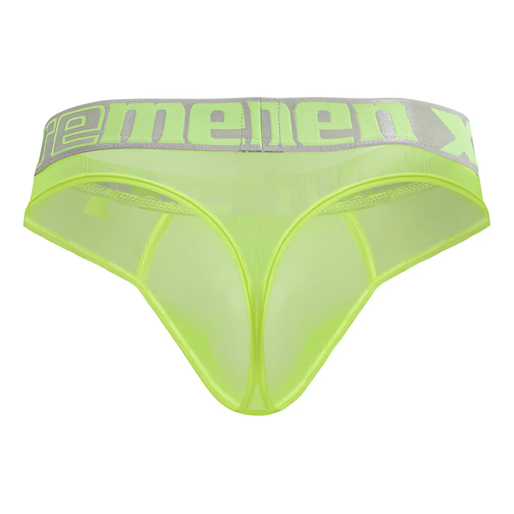 Xtremen 91235 microfiber thongs neon green lime sheer mesh briefs with gray menenx logo elastic waistband