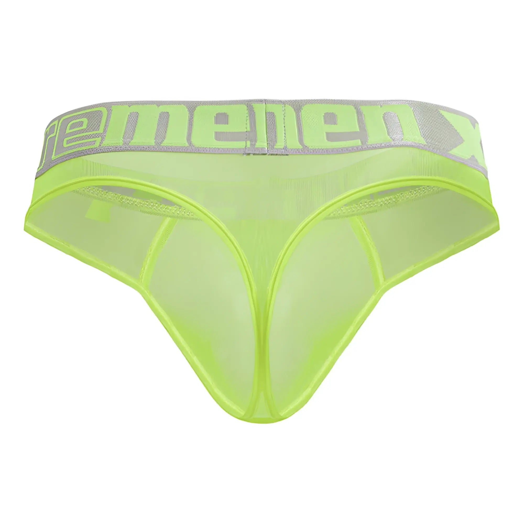 Xtremen 91235 microfiber thongs neon green lime sheer mesh briefs with gray menenx logo elastic waistband