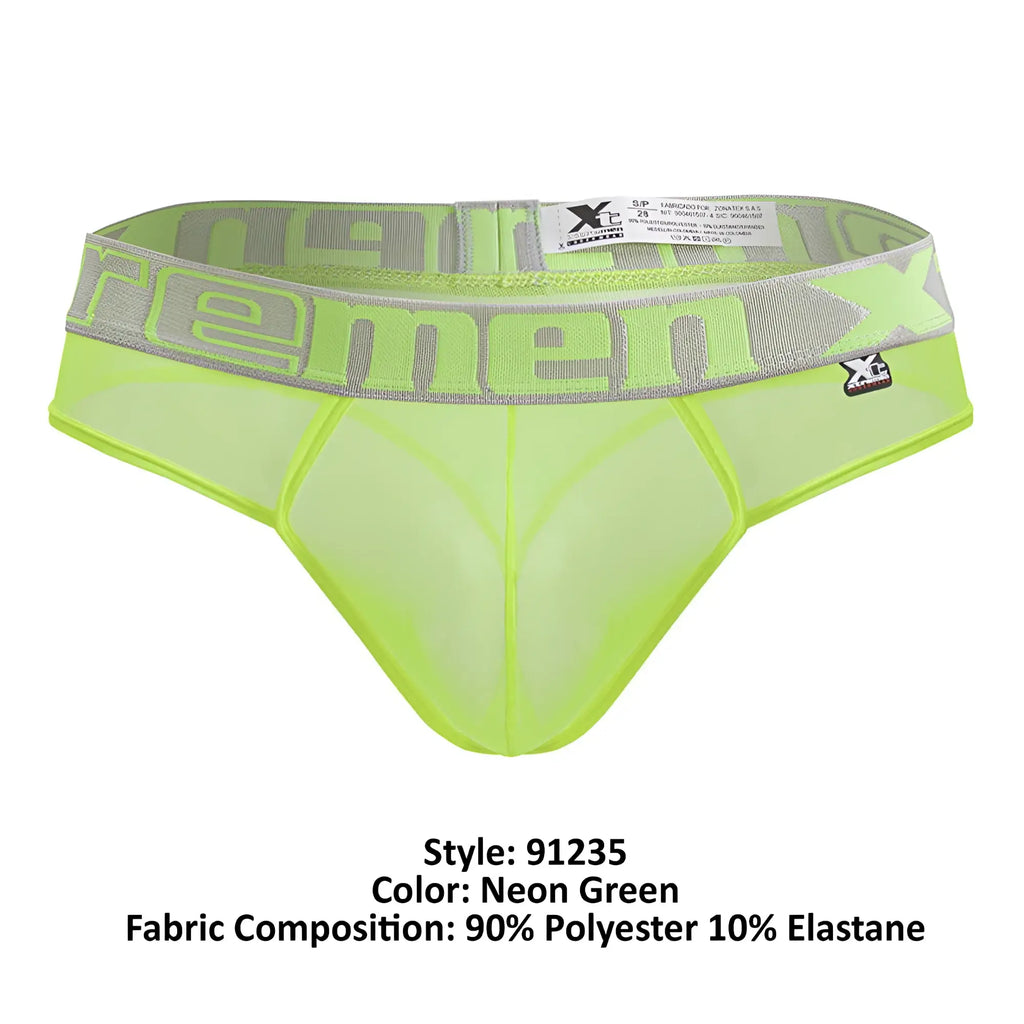 Neon green xtremen 91235 microfiber mesh briefs with gray elastic waistband featuring xc logo and brand name
