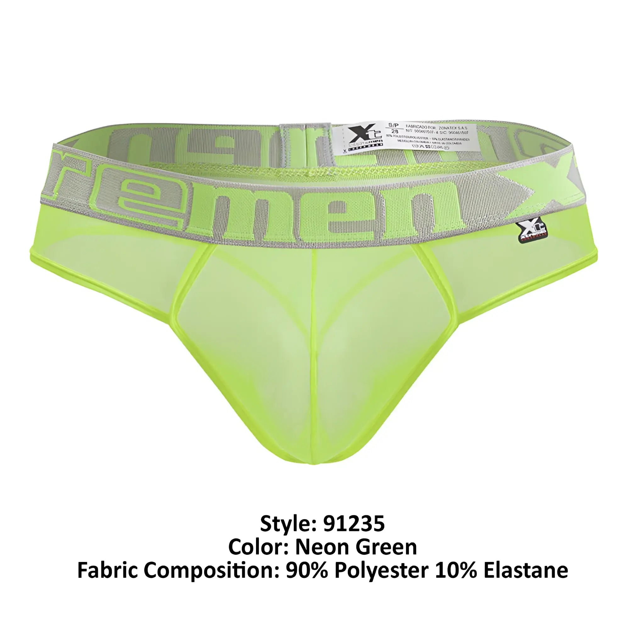 Neon green xtremen 91235 microfiber mesh briefs with gray elastic waistband featuring xc logo and brand name
