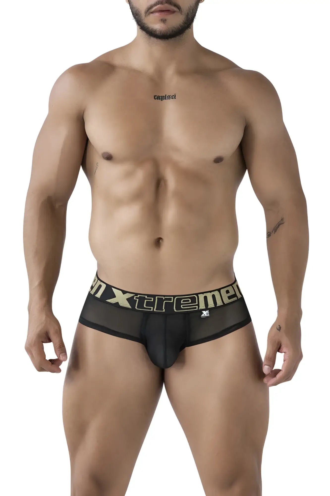 Black xtremen 91236 microfiber briefs with black mesh and gold black waistband featuring xtreme logo