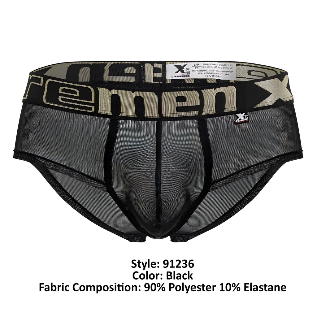 Black xtremen 91236 microfiber briefs with black mesh and wide waistband featuring beige xc men logo