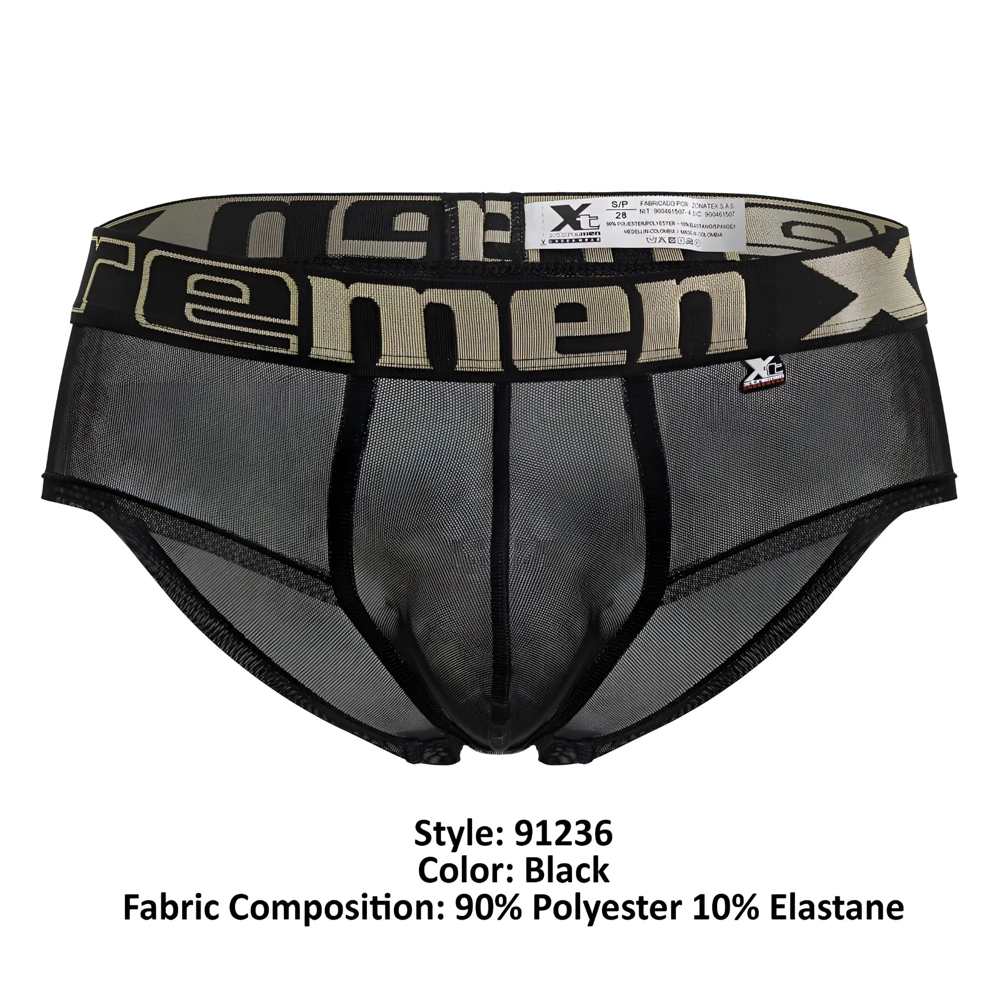 Black xtremen 91236 microfiber briefs with black mesh and wide waistband featuring beige xc men logo