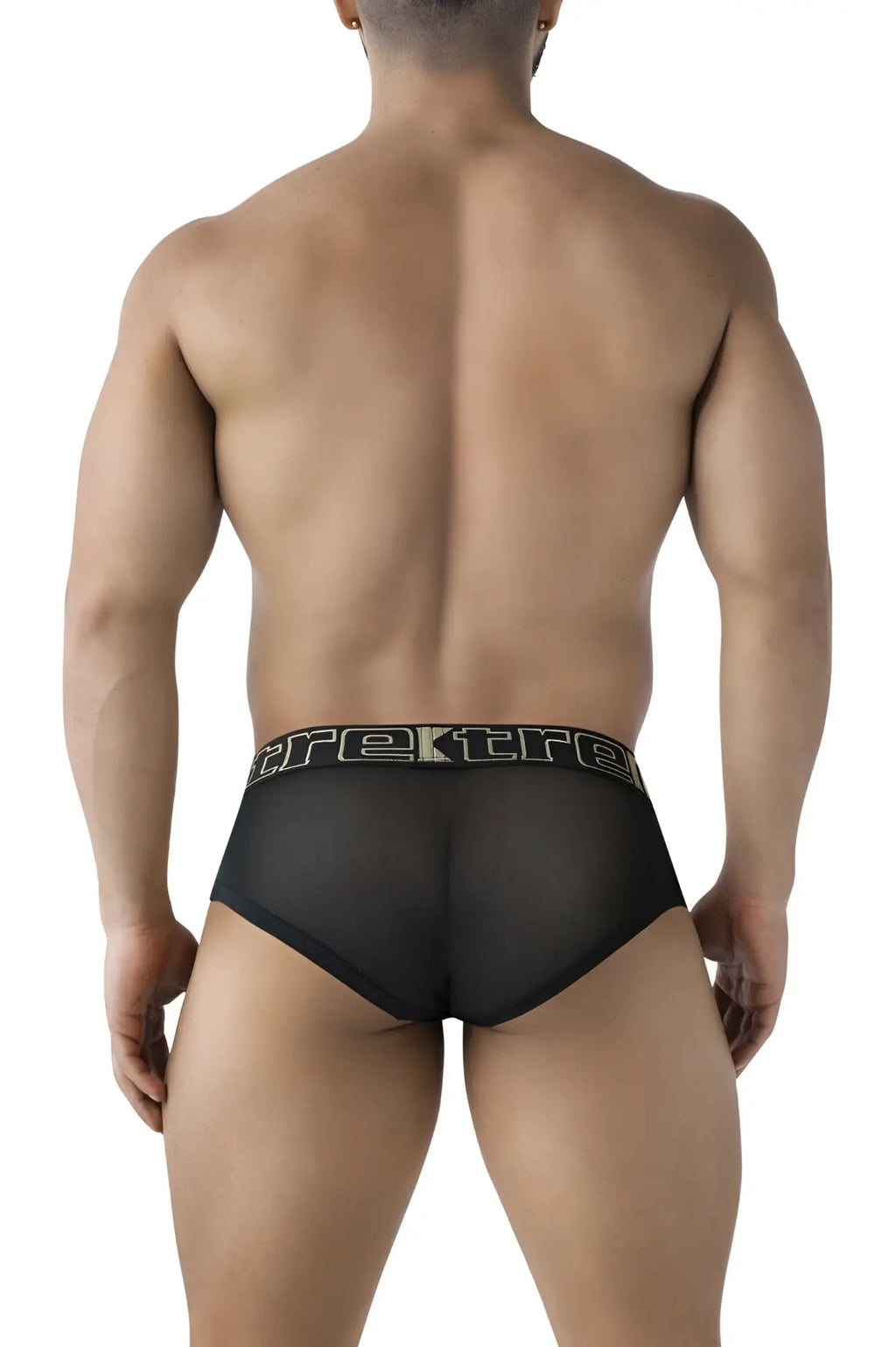 Black sheer mesh Xtremen 91236 microfiber briefs with a black elastic waistband featuring Trek logo in silver lettering
