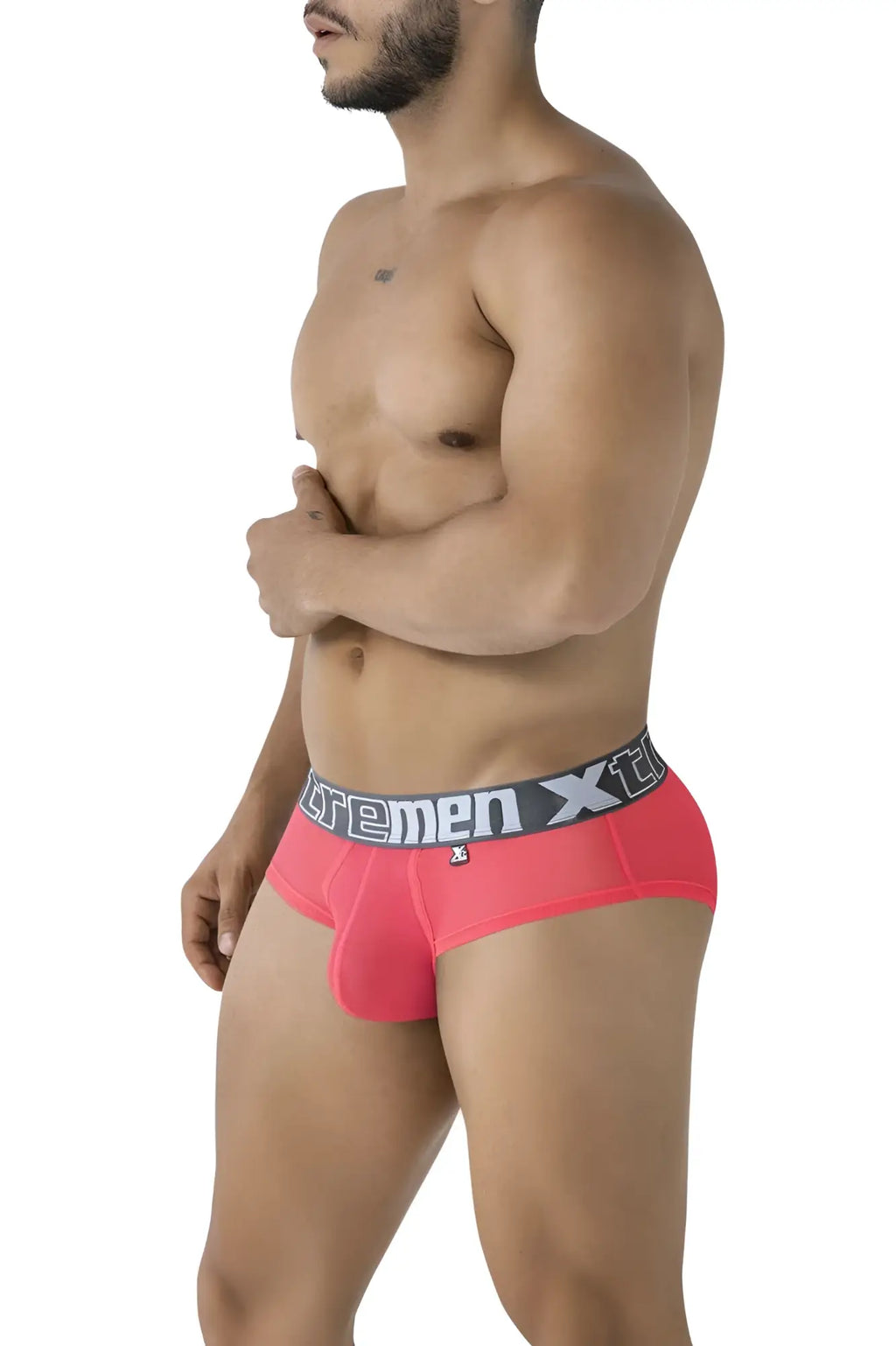 Bright pink fuchsia microfiber men’s briefs with a gray xtremen logo waistband Xtremen 91236 microfiber briefs