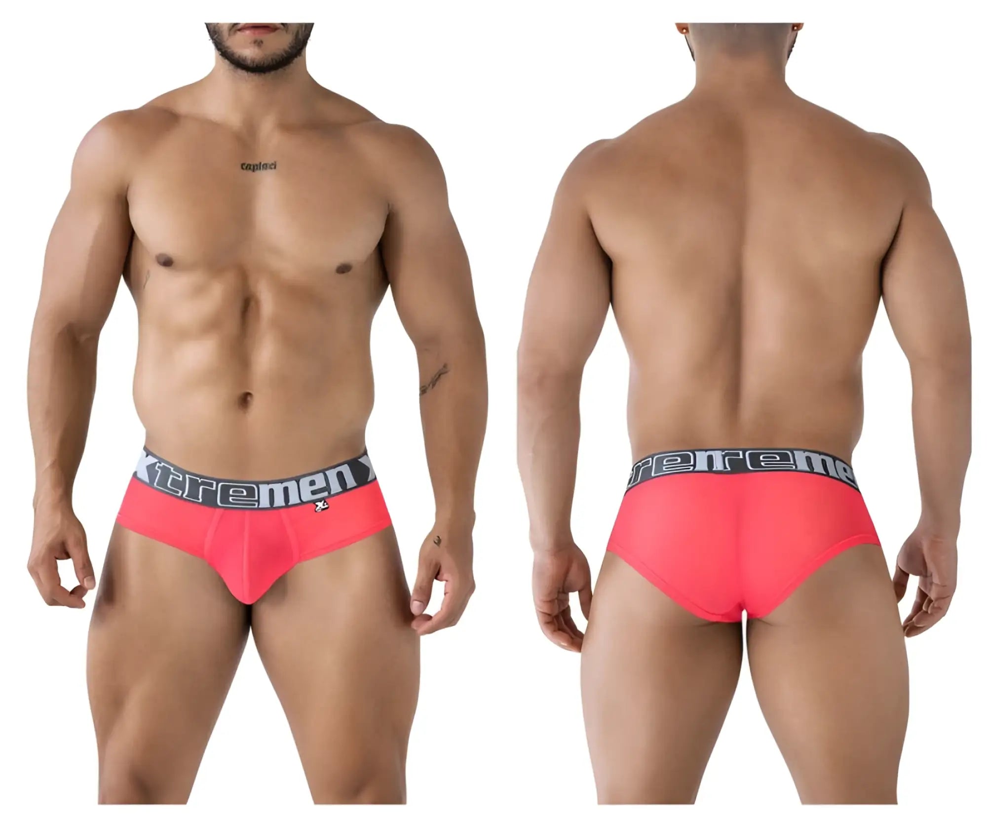 Bright pink xtremen 91236 microfiber briefs with a gray waistband and black logo for men
