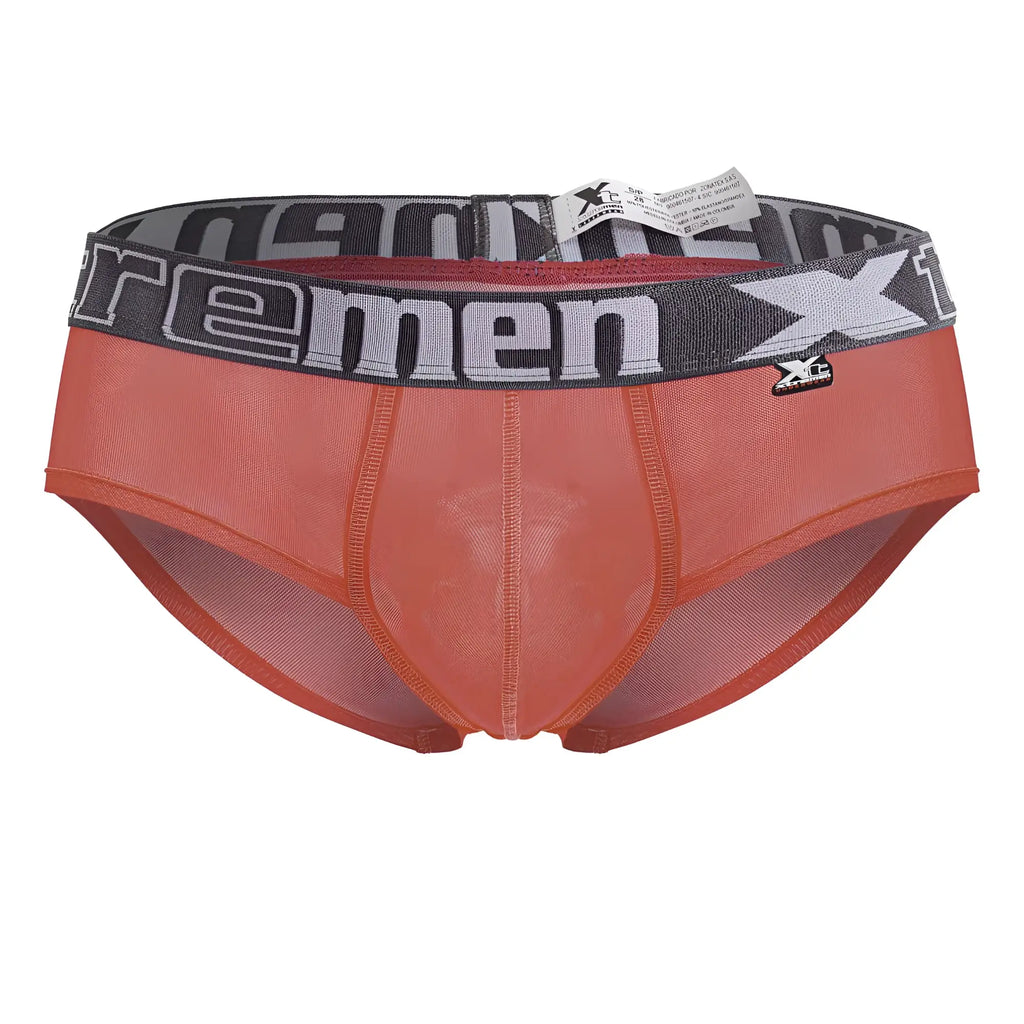 Orange mesh xtremen 91236 microfiber men’s briefs with gray elastic waistband and xc logo in fuchsia color